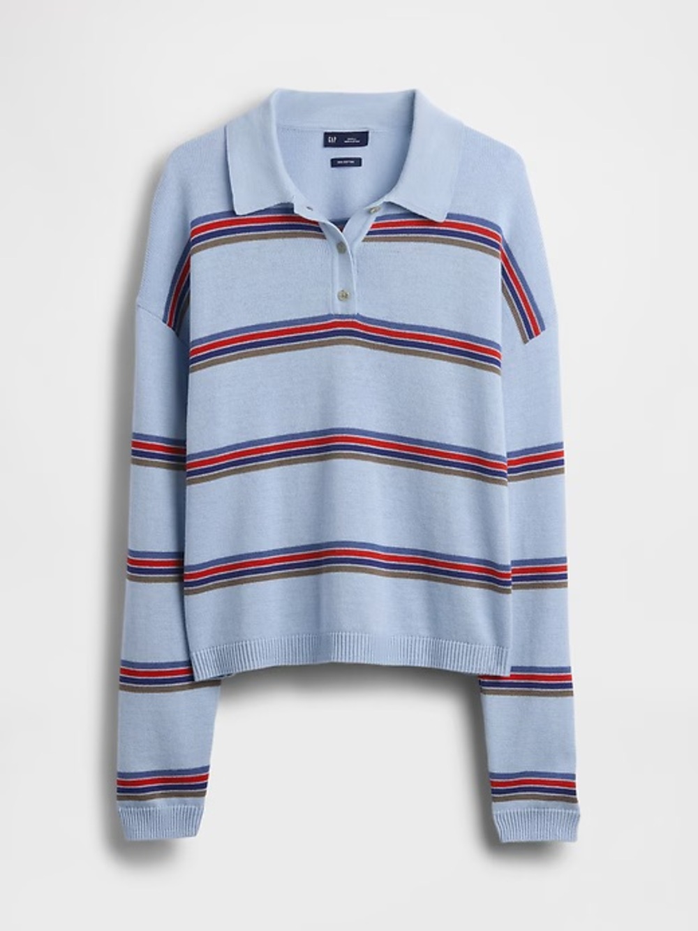 GAP Light Blue V-Neck Polo Sweater with Red & Navy Stripes